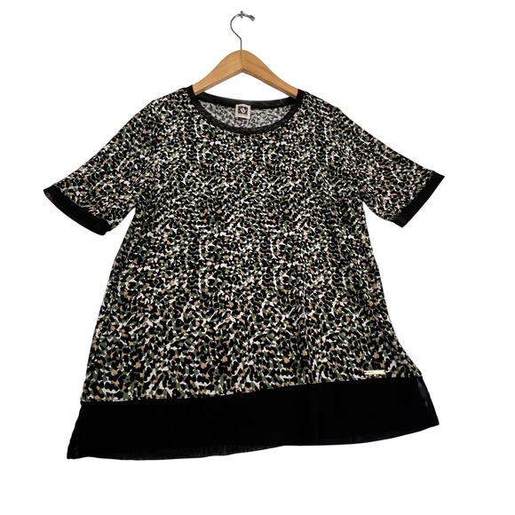 Anne Klein Tops - Anne Klein Green Black Leopard Print Short Sleeve Blouse Mesh Trim Top